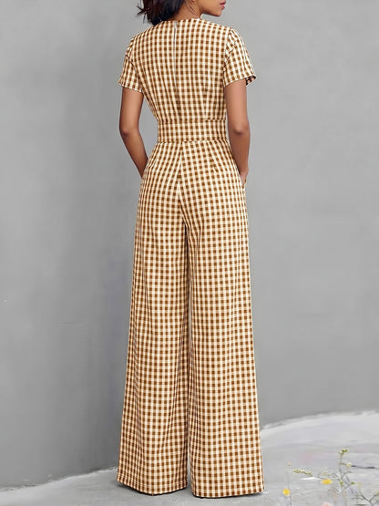 Effortless Gingham Wide Leg Jumpsuit for Women with V Neck Short Sleeve Pleated Pocket Casual Style