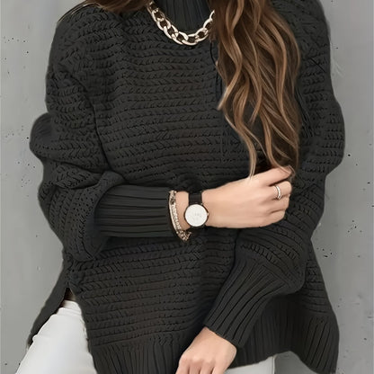 Comfortable Textured Knit Sweater for Women with Mock Neck Long Sleeve Ribbed Cuff Relaxed Oversized Style