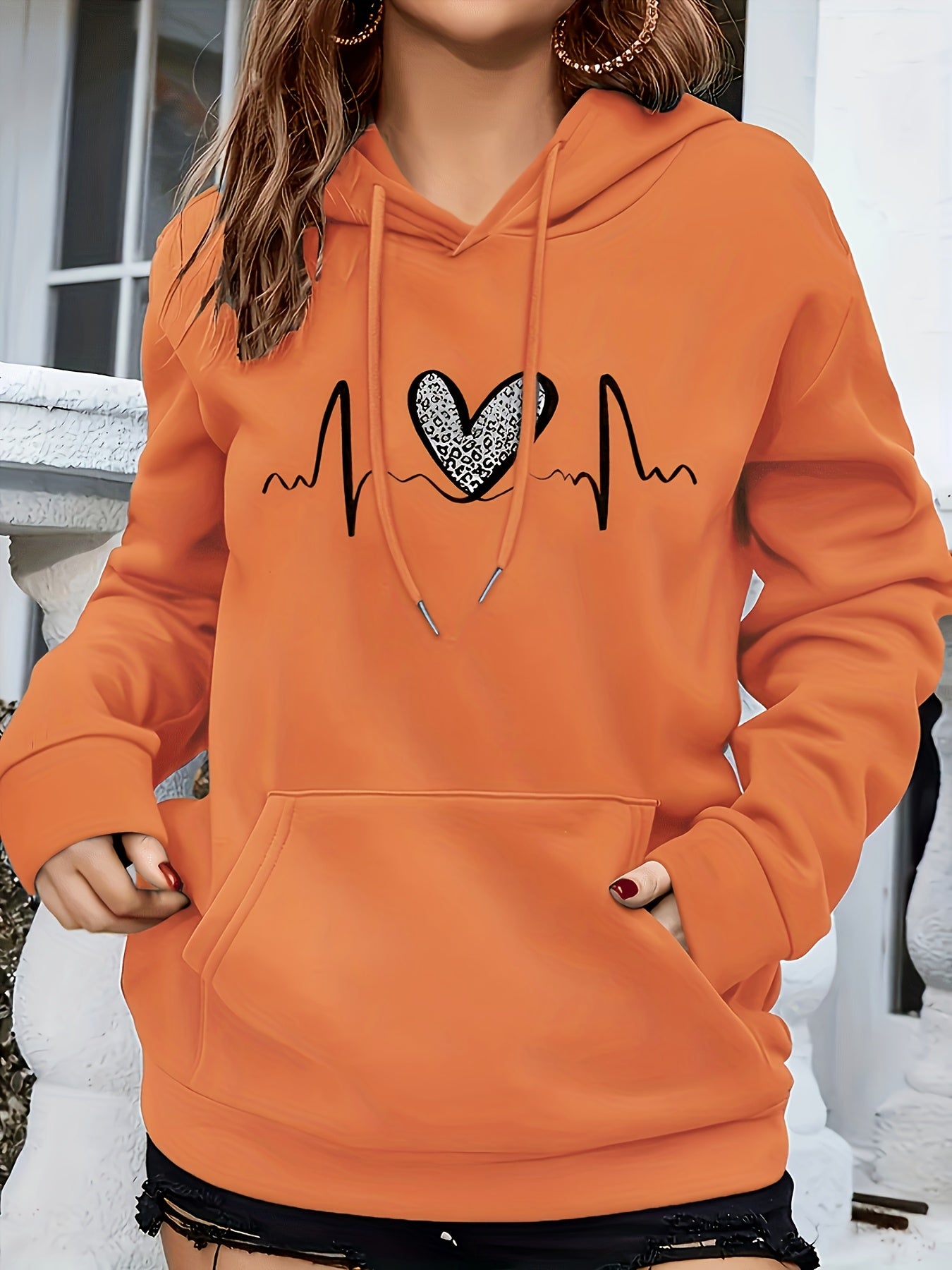 Effortless Heartbeat Print Hoodie for Women with Drawstring Long Sleeve Kangaroo Pocket Relaxed Style