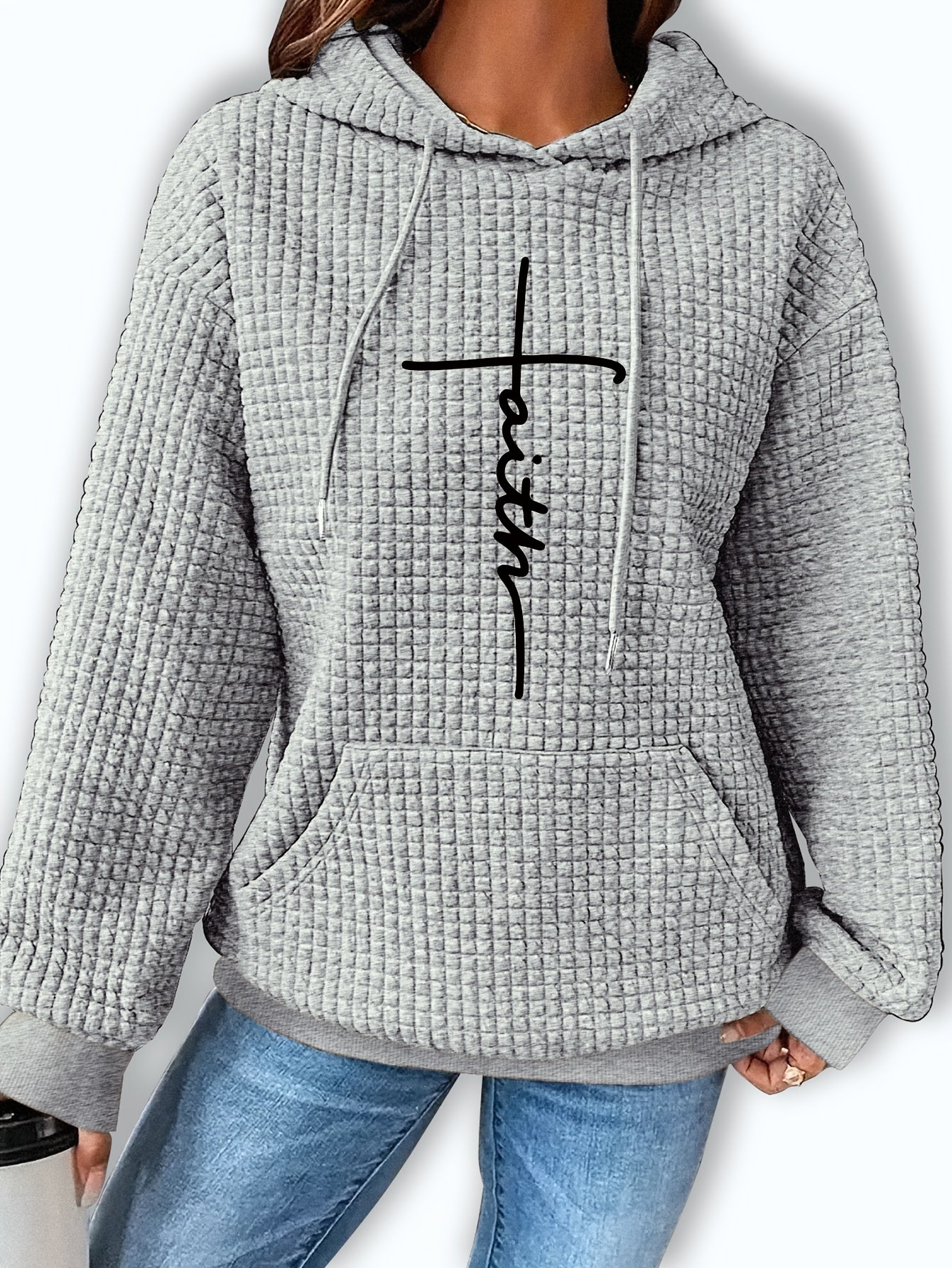 Comfortable Waffle Knit Graphic Hoodie for Women with Drawstring Long Sleeve Kangaroo Pocket Oversized Style