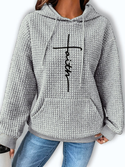 Comfortable Waffle Knit Graphic Hoodie for Women with Drawstring Long Sleeve Kangaroo Pocket Oversized Style