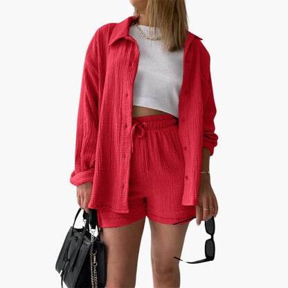 Effortless Cotton Gauze Two Piece Set for Women with Collared Button Front Long Sleeve Drawstring Shorts Relaxed Style