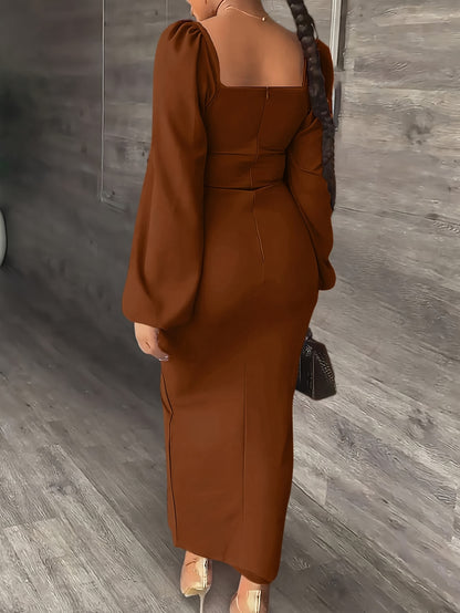 Elegant Bodycon Midi Dress for Women with Square Neck Long Puff Sleeve Side Slit Cocktail Style