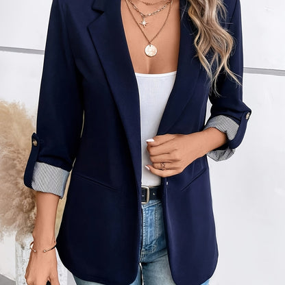 Elegant Blazer Jacket for Women with Notch Lapel Roll Tab Sleeve Striped Cuff Relaxed Style