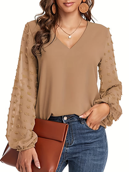 Elegant Swiss Dot Blouse for Women with V Neck Balloon Sleeve Relaxed Silky Style
