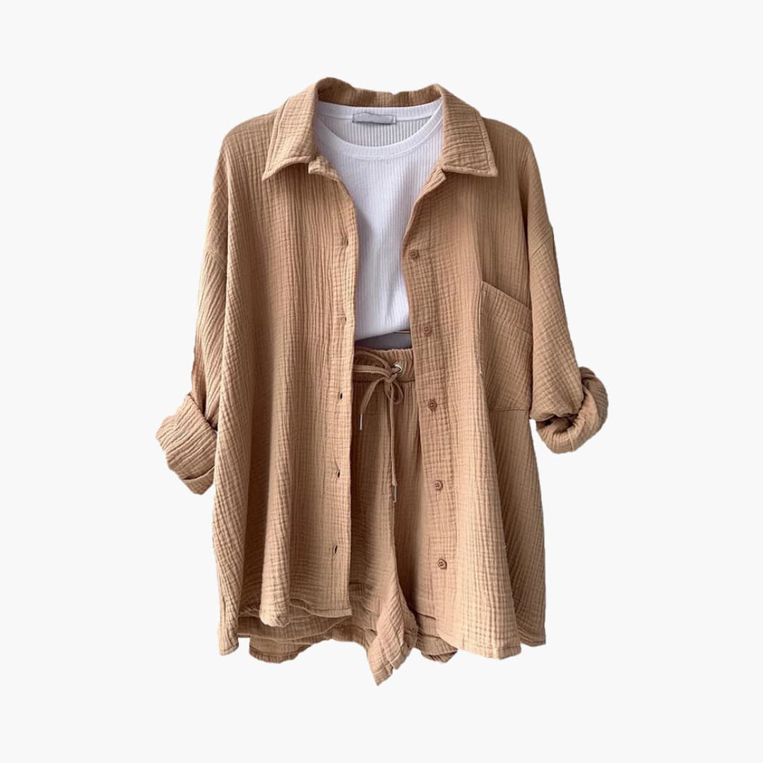 Effortless Cotton Gauze Two Piece Set for Women with Collared Button Front Long Sleeve Drawstring Shorts Relaxed Style