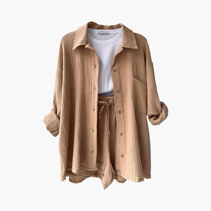 Effortless Cotton Gauze Two Piece Set for Women with Collared Button Front Long Sleeve Drawstring Shorts Relaxed Style