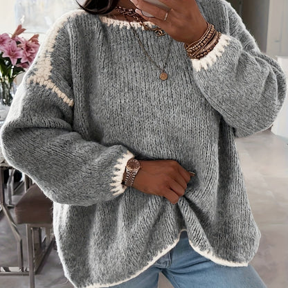 Comfortable Contrast Trim Sweater for Women with Crew Neck Long Sleeve Relaxed Oversized Knit Style