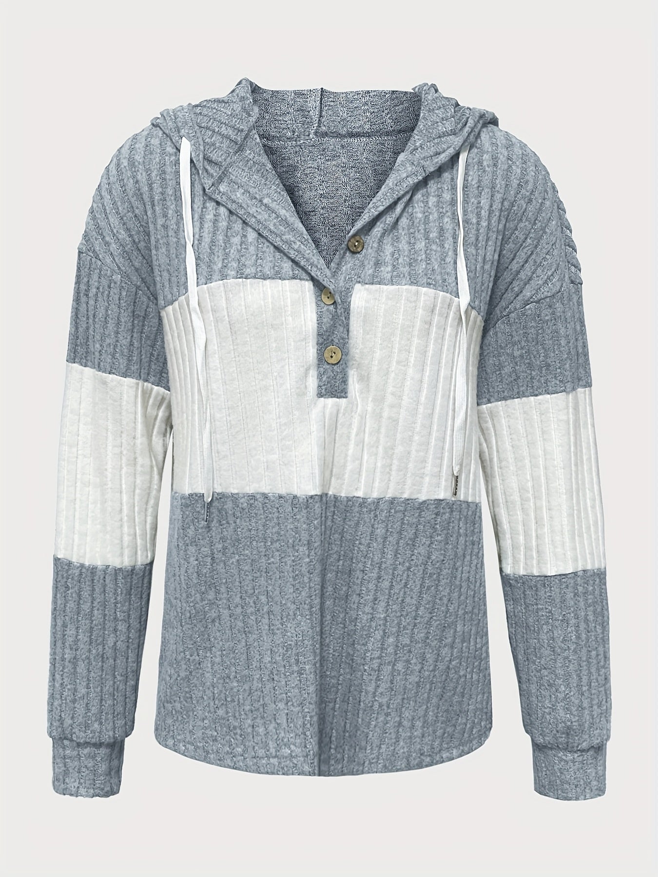 Comfortable Green Ribbed Knit Hoodie for Women with V Neck Long Sleeve Button Placket Relaxed Style