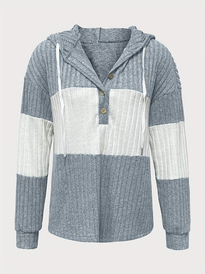 Comfortable Green Ribbed Knit Hoodie for Women with V Neck Long Sleeve Button Placket Relaxed Style
