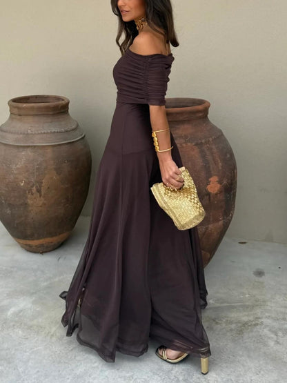 Elegant Mesh Maxi Dress for Women with Off Shoulder Ruched Sleeve Sheer Flowing Style