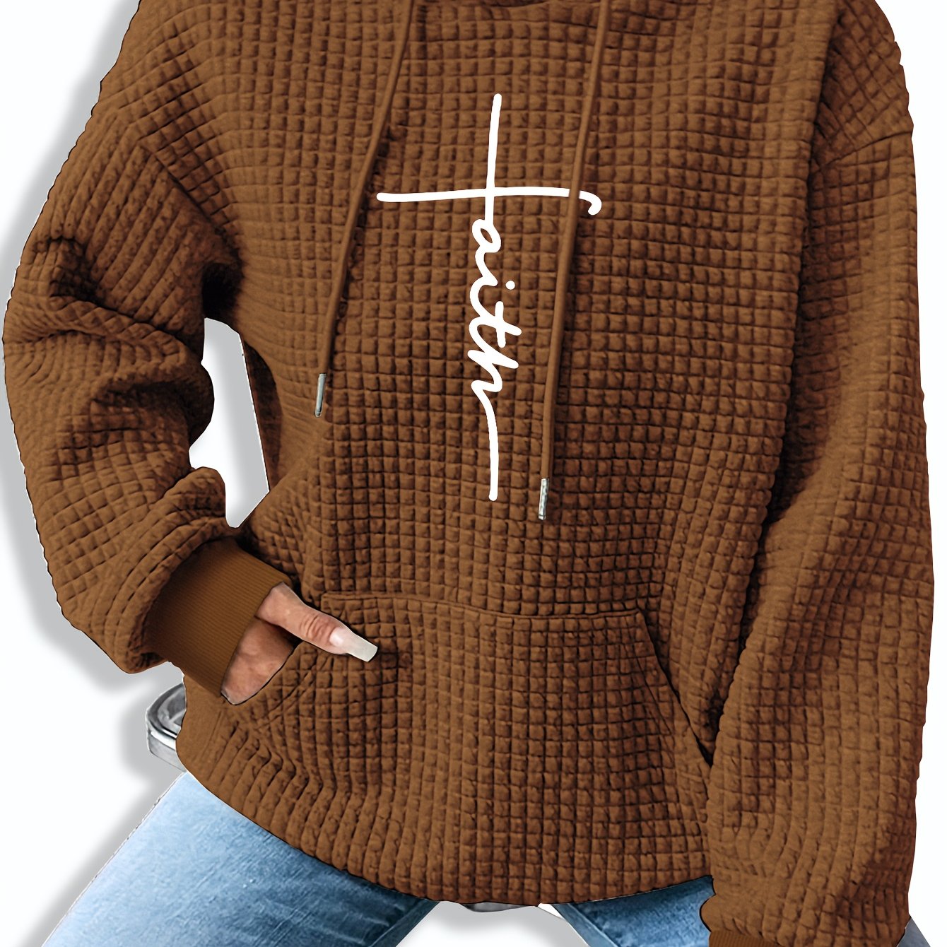 Comfortable Waffle Knit Graphic Hoodie for Women with Drawstring Long Sleeve Kangaroo Pocket Oversized Style