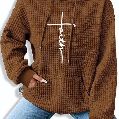 Comfortable Waffle Knit Graphic Hoodie for Women with Drawstring Long Sleeve Kangaroo Pocket Oversized Style