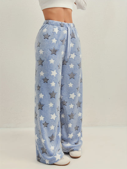 Comfortable Star Print Fleece Pajama Pants for Women with High Waist Drawstring Wide Leg Relaxed Style