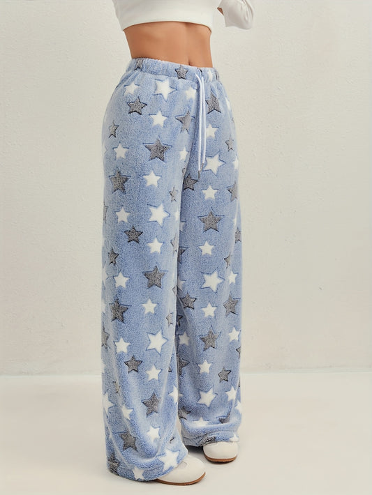 Comfortable Star Print Fleece Pajama Pants for Women with High Waist Drawstring Wide Leg Relaxed Style