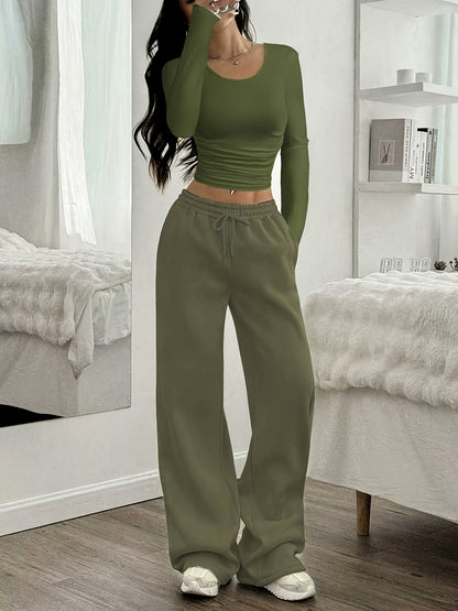 Effortless Wide Leg Set for Women with Round Neck Long Sleeve Ruched Drawstring Two Piece Style