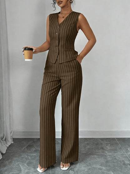Elegant Grey Pinstripe Two Piece Set for Women with V Neck Button Front Vest Wide Leg Pant Formal Style