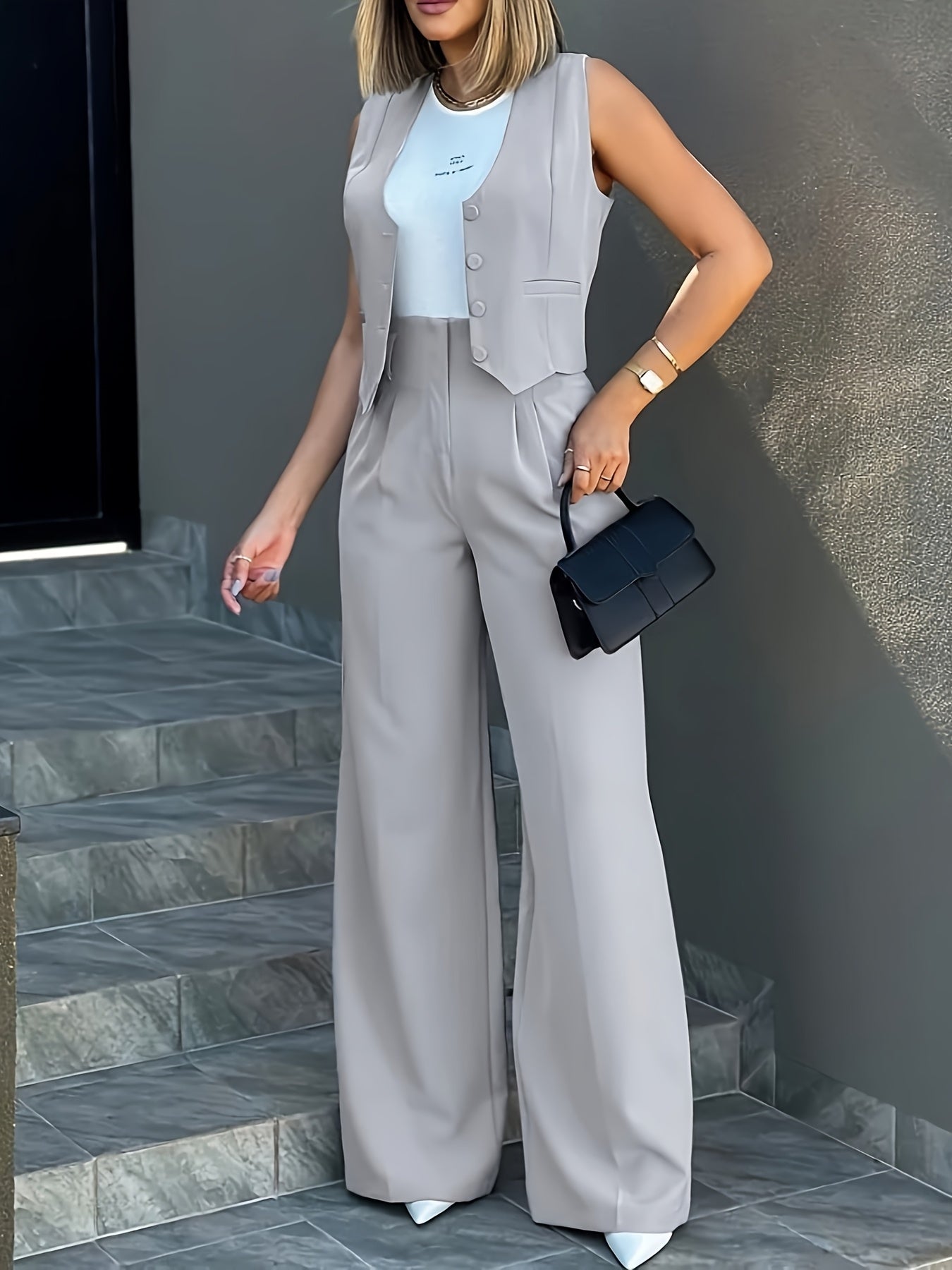 Elegant Silvery Grey Wide Leg Set for Women with V Neck Sleeveless Button Front Two Piece Style
