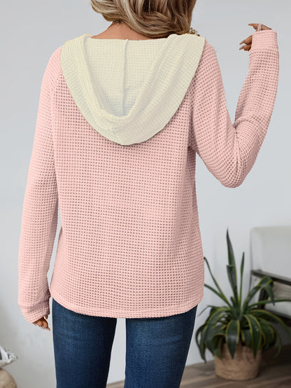 Effortless Waffle Knit Hoodie for Women with Drawstring Hood Long Sleeve Button Placket Relaxed Style