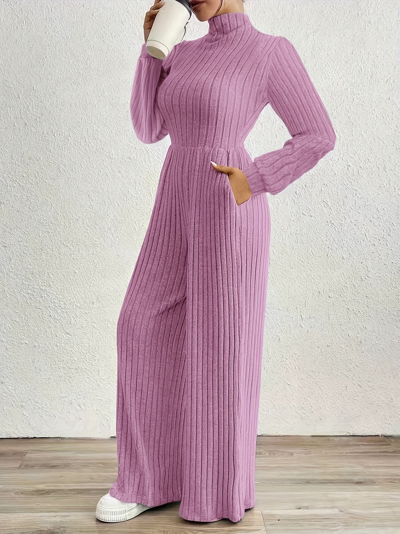 Elegant Ribbed Knit Jumpsuit for Women with Mock Neck Long Sleeve Wide Leg Casual Style
