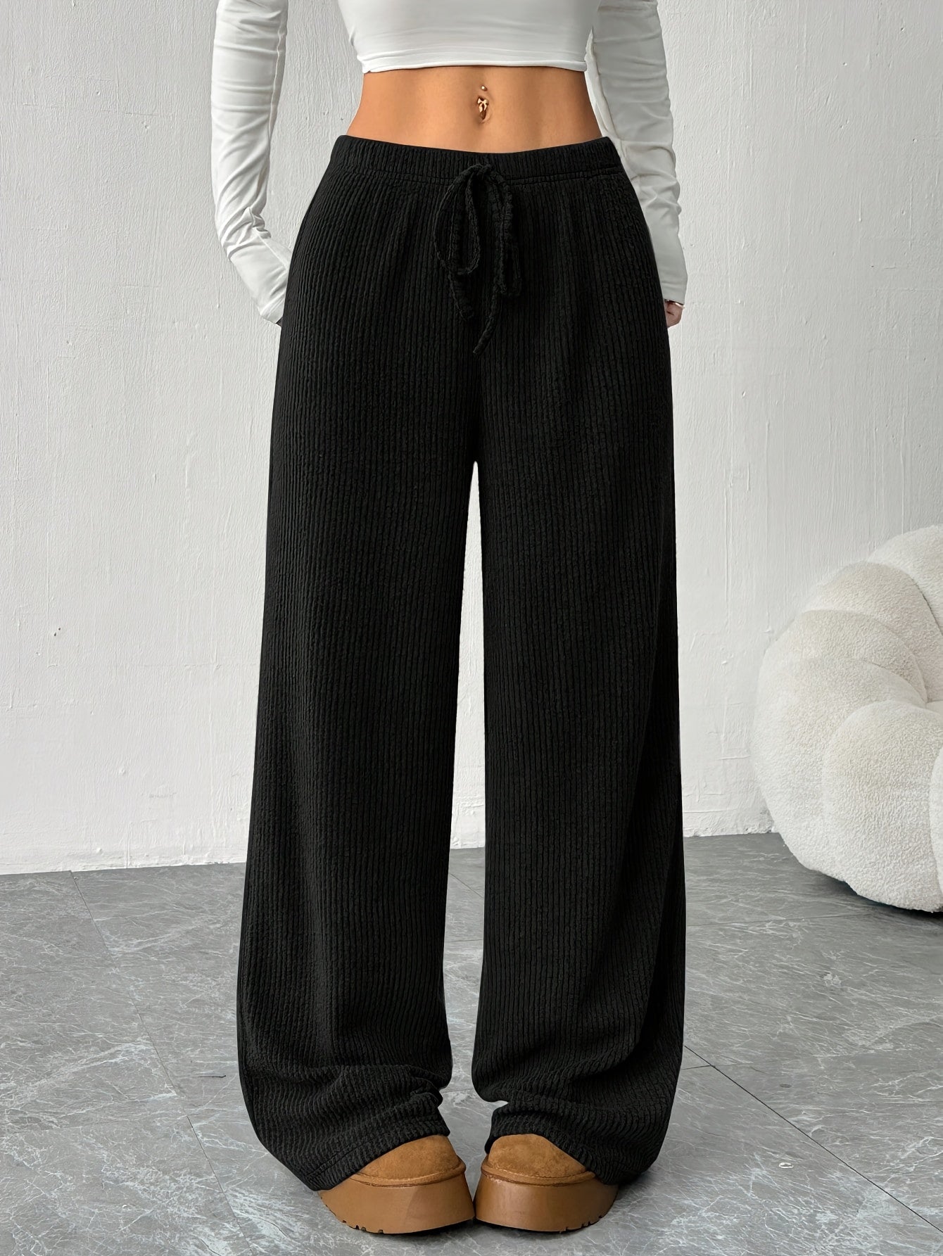 Effortless Ribbed Knit Wide Leg Pants for Women with High Waist Drawstring Relaxed Casual Style