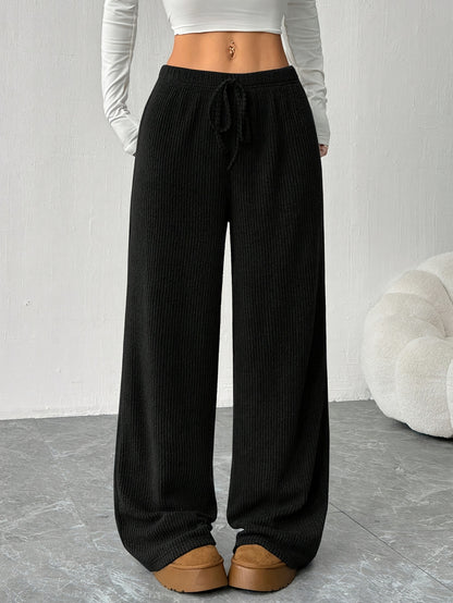 Effortless Ribbed Knit Wide Leg Pants for Women with High Waist Drawstring Relaxed Casual Style