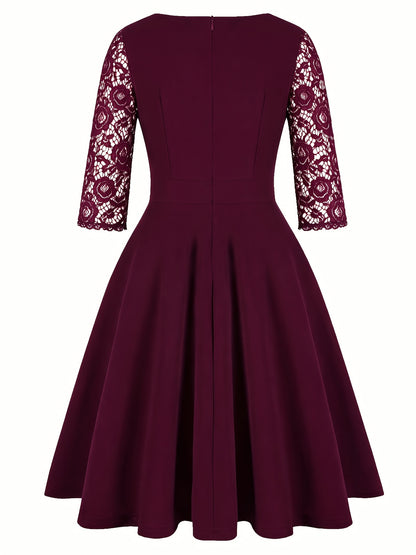 Elegant Lace Midi Dress for Women with Square Neck Three Quarter Sleeve Fit and Flare Cocktail Style