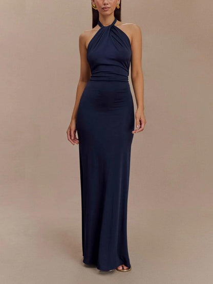 Elegant Navy Halter Maxi Dress for Women with Ruched Sleeveless Column Silhouette Formal Wedding Guest Style