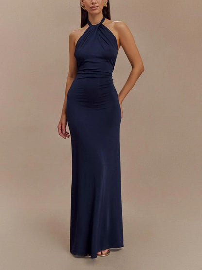 Elegant Navy Halter Maxi Dress for Women with Ruched Sleeveless Column Silhouette Formal Wedding Guest Style