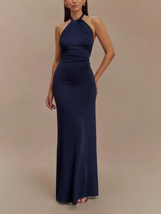Elegant Navy Halter Maxi Dress for Women with Ruched Sleeveless Column Silhouette Formal Wedding Guest Style