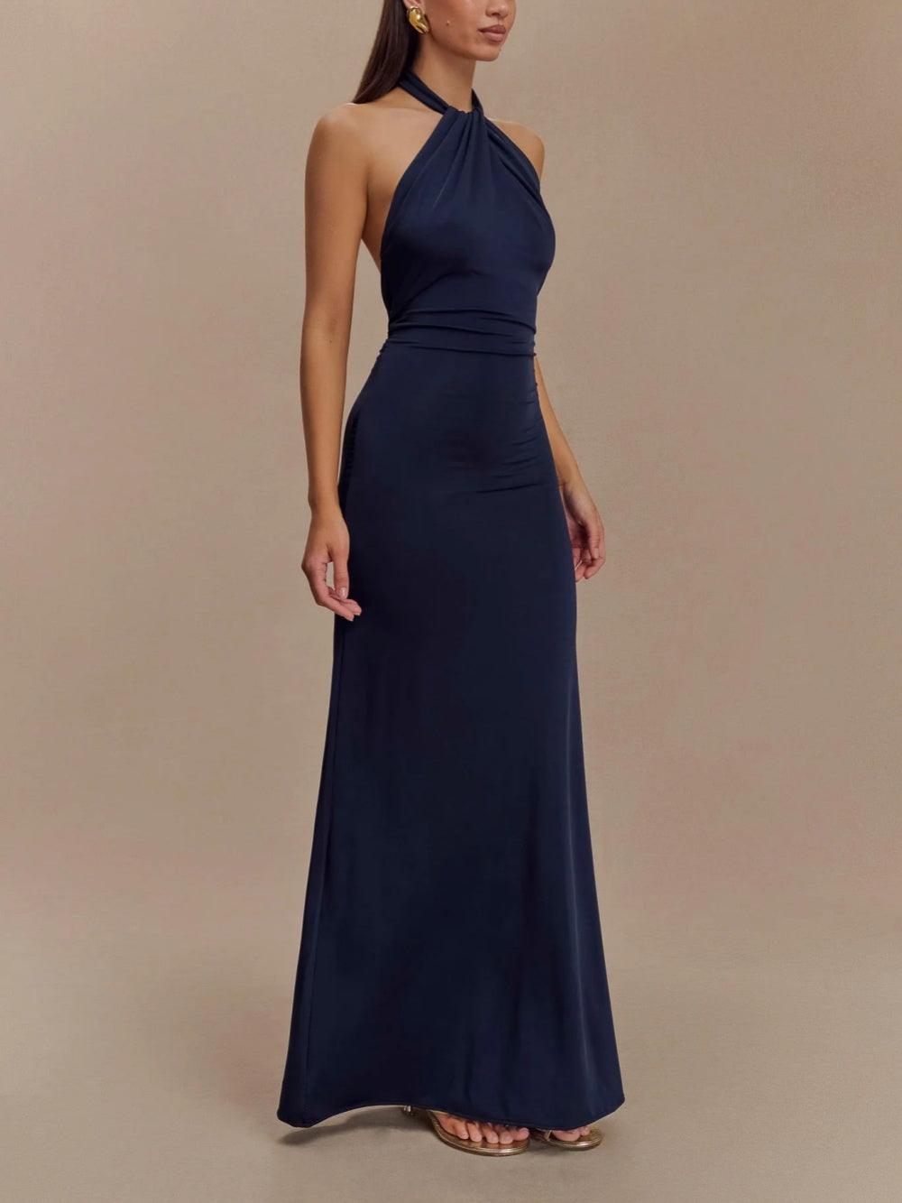 Elegant Navy Halter Maxi Dress for Women with Ruched Sleeveless Column Silhouette Formal Wedding Guest Style
