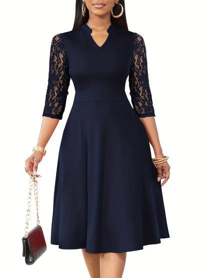 Elegant Lace Midi Dress for Women with Notch Neck Three Quarter Sleeve Fit and Flare Cocktail Style
