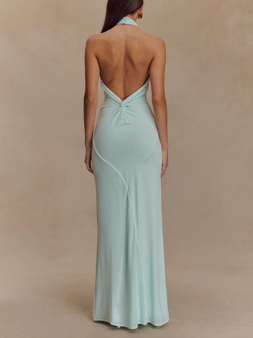 Elegant Halter Maxi Dress for Women with Twist Neck Backless Column Flowing Style