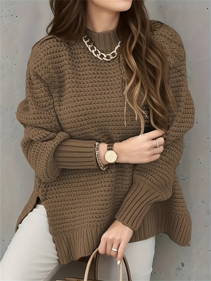 Comfortable Textured Knit Sweater for Women with Mock Neck Long Sleeve Ribbed Cuff Relaxed Oversized Style