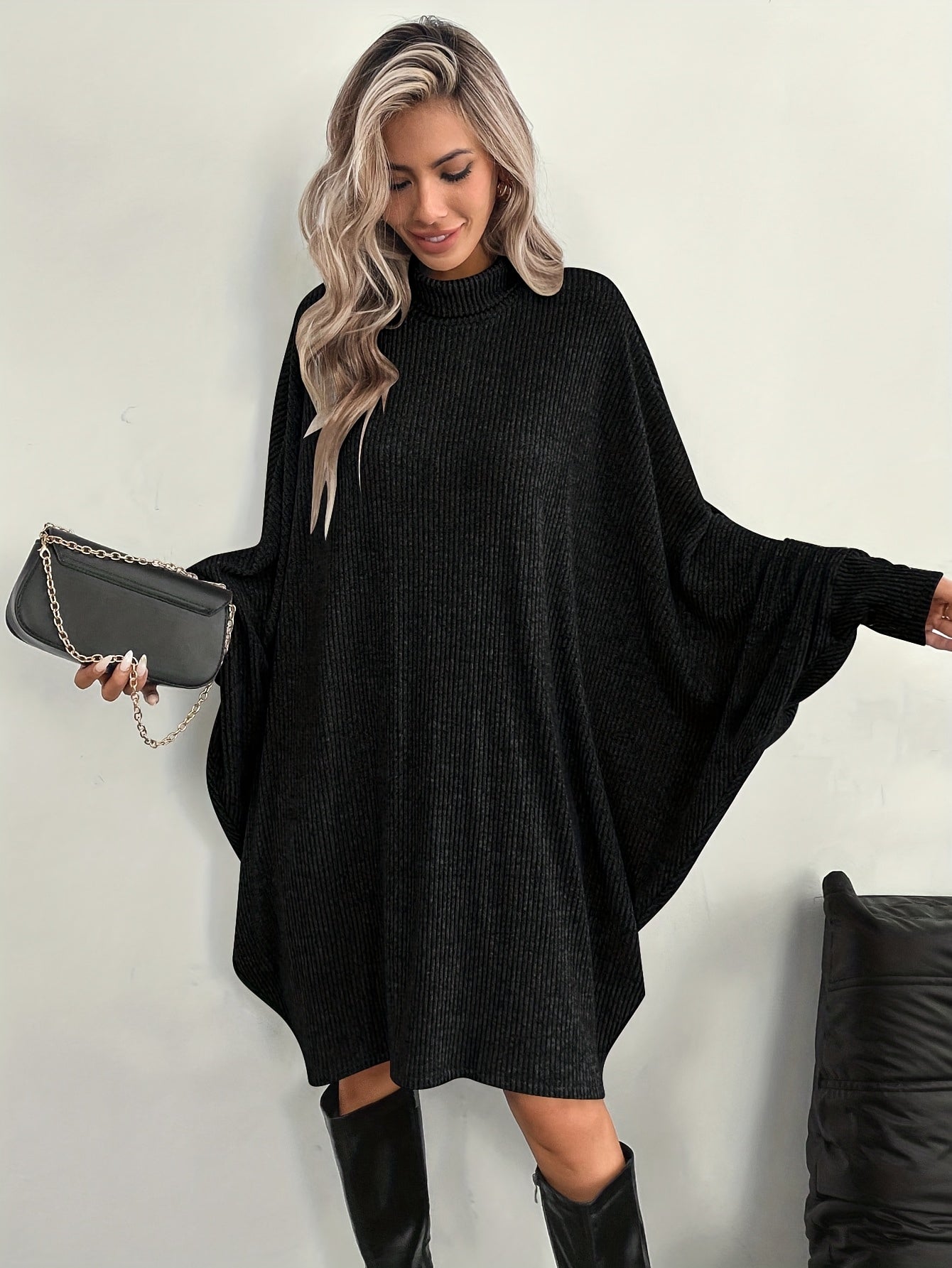 Comfortable Ribbed Knit Sweater Dress for Women with Mock Neck Batwing Sleeve Relaxed Oversized Knit Style