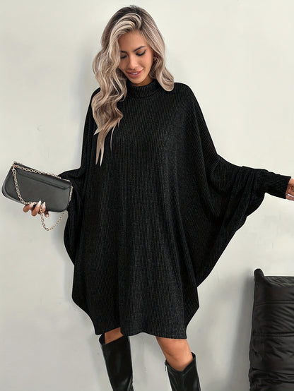 Comfortable Ribbed Knit Sweater Dress for Women with Mock Neck Batwing Sleeve Relaxed Oversized Knit Style