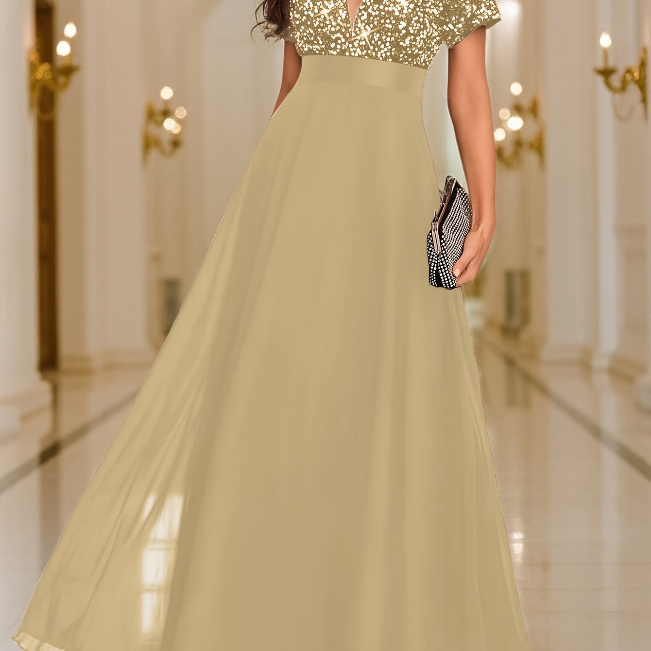 Elegant Sequin Maxi Dress for Women with V Neck Short Sleeve Empire Waist Flowing Formal Wedding Guest Style