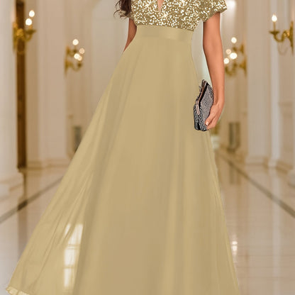 Elegant Sequin Maxi Dress for Women with V Neck Short Sleeve Empire Waist Flowing Formal Wedding Guest Style