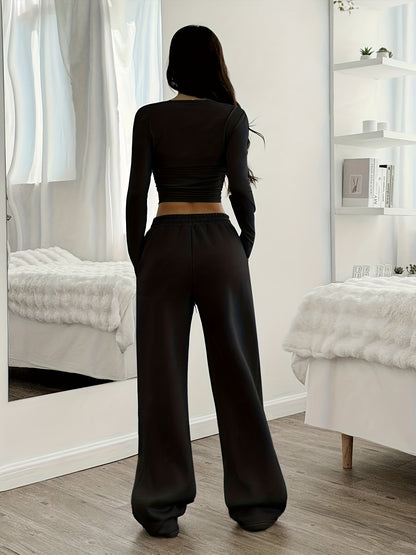 Effortless Wide Leg Set for Women with Round Neck Long Sleeve Ruched Drawstring Two Piece Style
