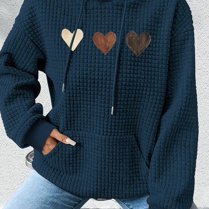 Effortless Heart Print Waffle Knit Hoodie for Women with Drawstring Hood Long Sleeve Oversized Relaxed Style
