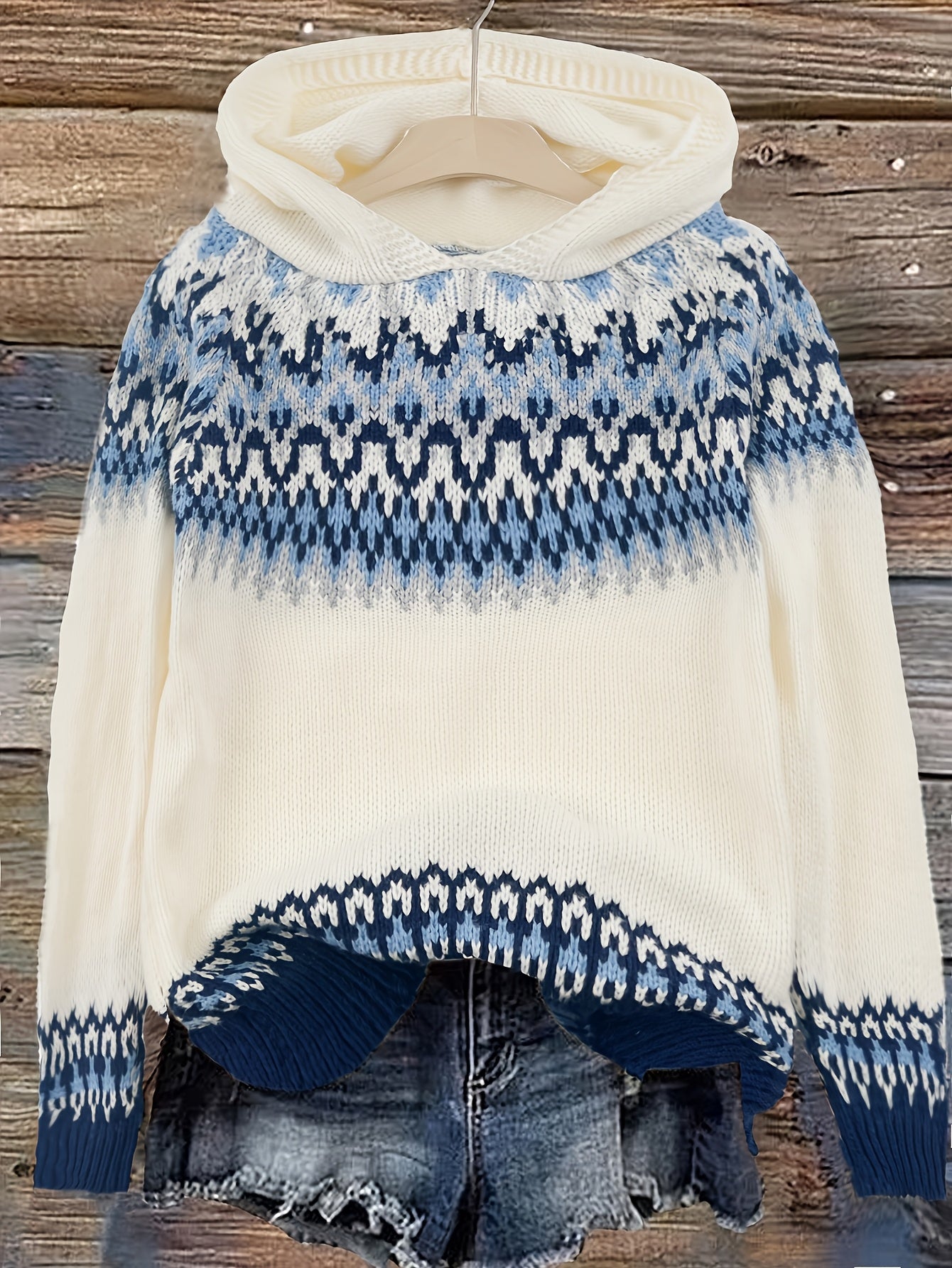 Comfortable Fair Isle Print Sweater for Women with Hooded Long Sleeve Relaxed Oversized Knit Style