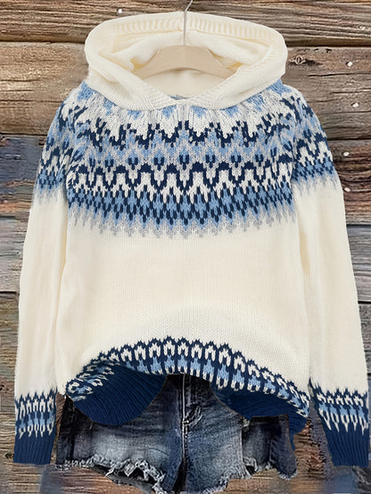 Comfortable Fair Isle Print Sweater for Women with Hooded Long Sleeve Relaxed Oversized Knit Style