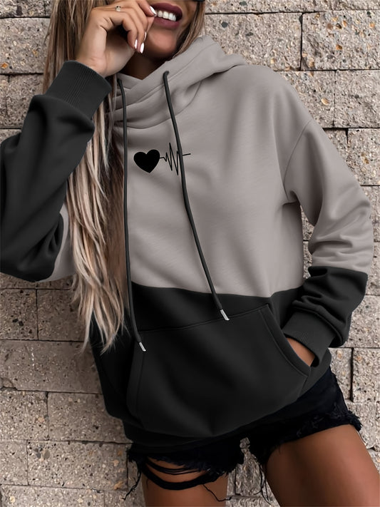 Comfortable Colorblock Heart Print Hoodie for Women with Drawstring Hood Long Sleeve Kangaroo Pocket Oversized Style