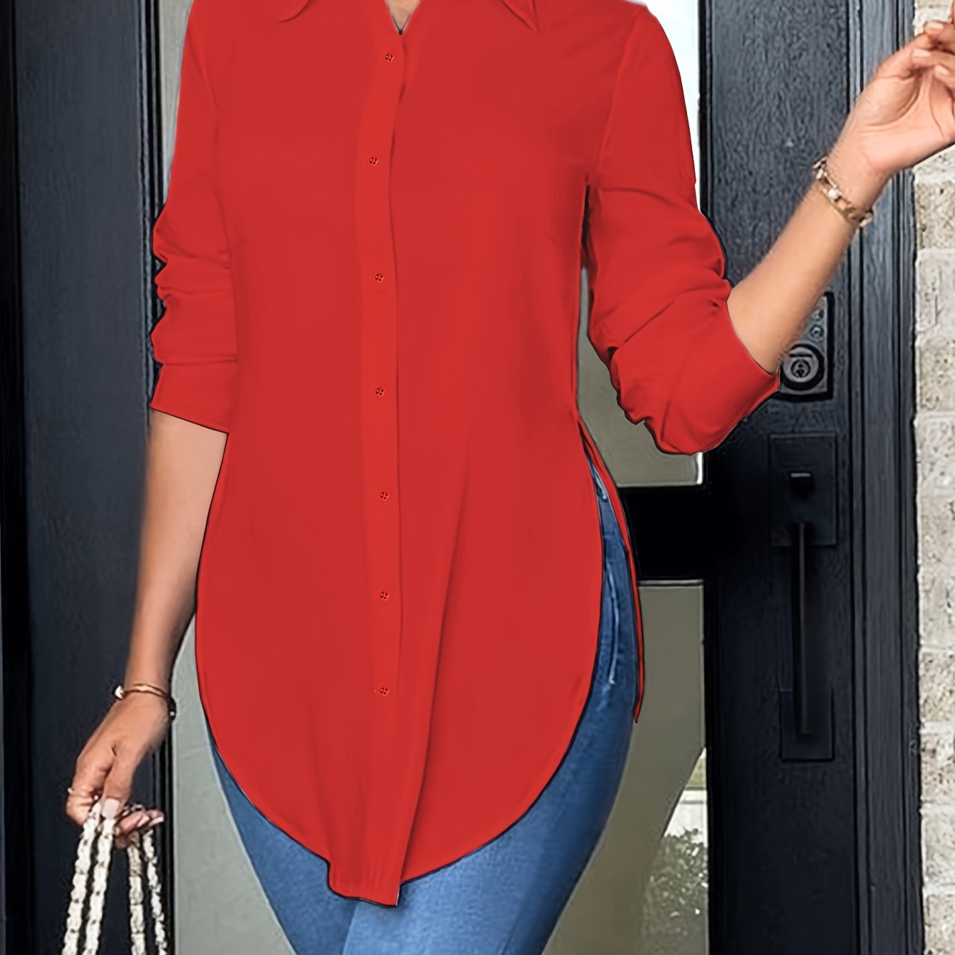 Effortless Tunic Blouse for Women with Collar Long Sleeve Button Front High Low Hem Style