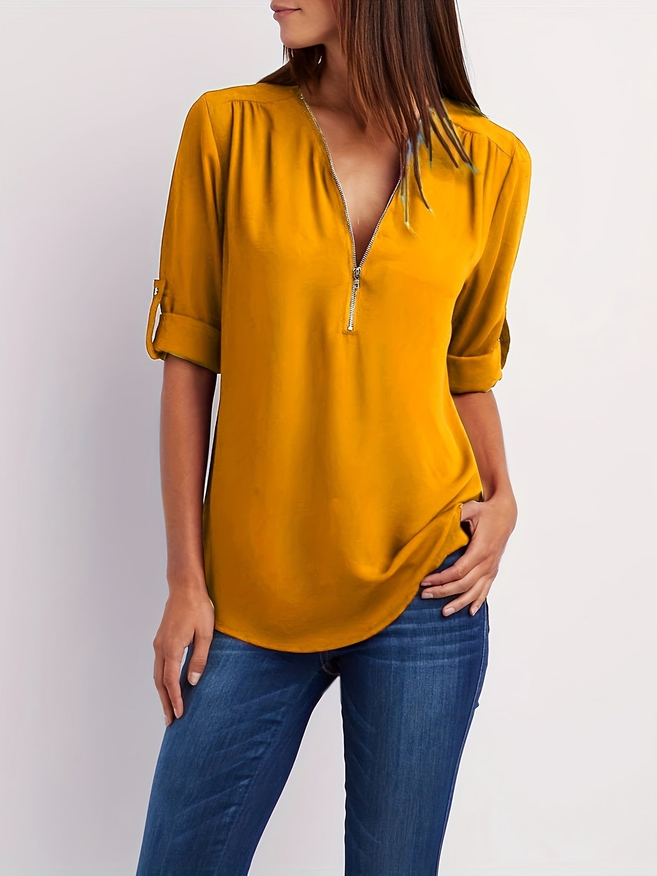 Effortless Chiffon Blouse for Women with V Neck Zip Front Roll Tab Sleeve Relaxed Style