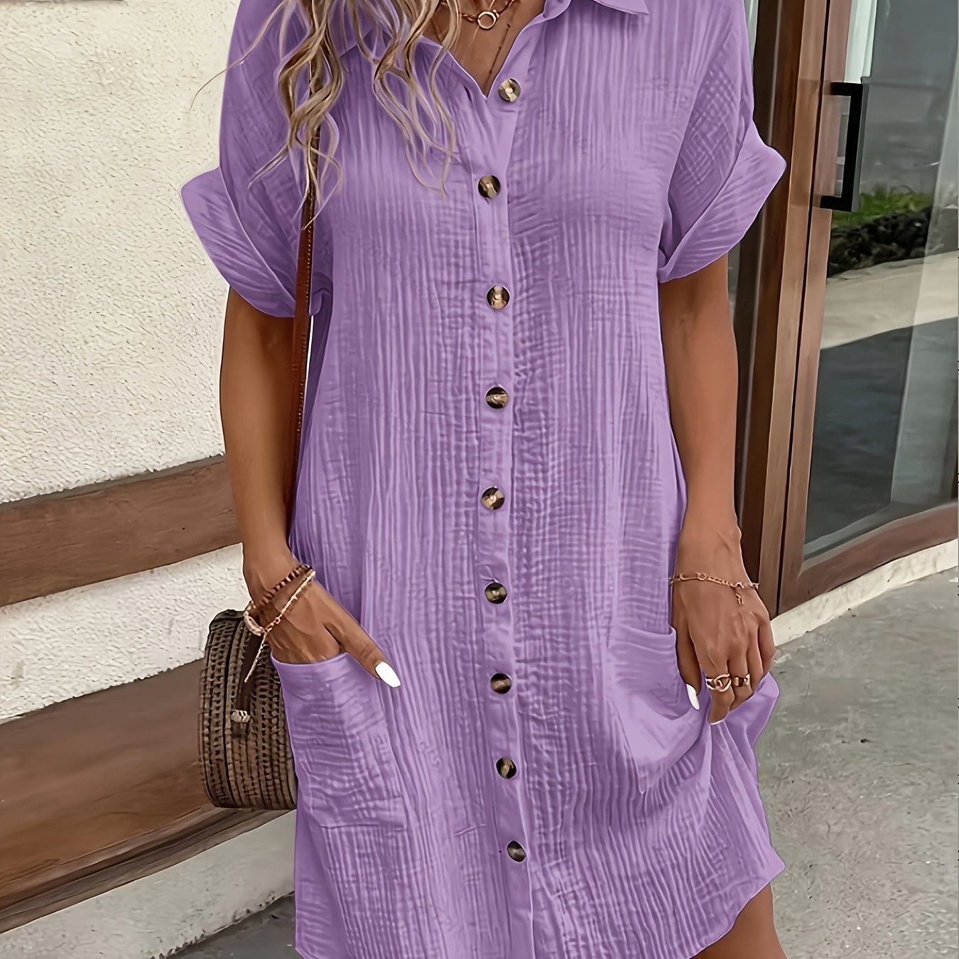 Effortless Textured Cotton Shirt Dress for Women with Collar Short Sleeve Button Front Relaxed Casual Style