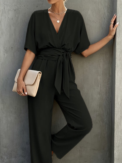 Elegant Wrap Jumpsuit for Women with V Neck Half Sleeve Belted Wide Leg Style