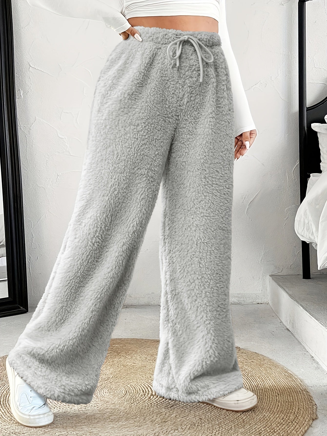 Effortless Fuzzy Fleece Wide Leg Pants for Women with High Waist Drawstring Relaxed Cozy Style