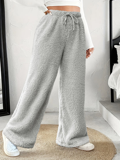 Effortless Fuzzy Fleece Wide Leg Pants for Women with High Waist Drawstring Relaxed Cozy Style