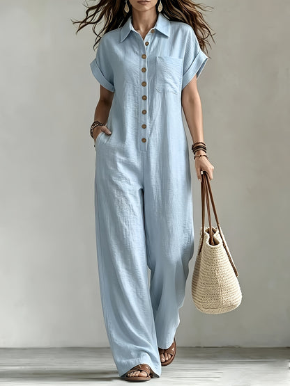 Effortless Linen Wide Leg Jumpsuit for Women with Collar Short Sleeve Button Front Relaxed Style